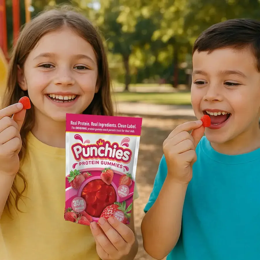 Best protein for kids: two kids snacking on Punchies protein gummies