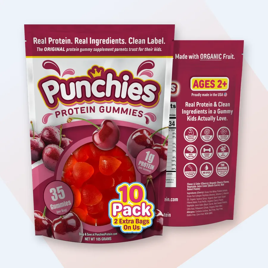 Best protein for kids: Punchies cherry protein gummies, 10-bag pack