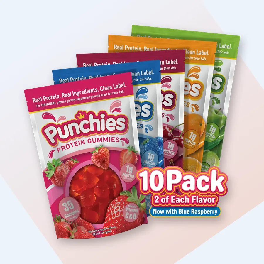 Best protein for kids: Punchies protein gummies variety pack, 10 bags